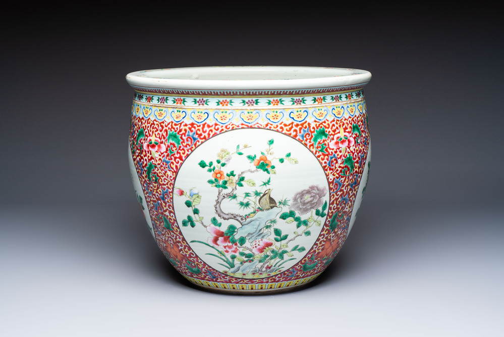 A large Chinese famille rose 'Bird among Flowering Branches' scroll pot, 19th C.