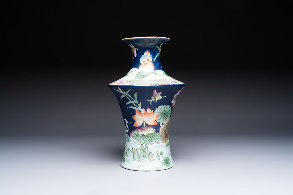 A Chinese famille rose blue-ground 'Lotus Pond' vase, Daoguang mark, 20th C.
