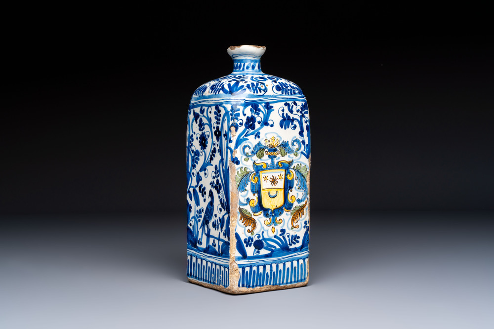 A polychrome Italian maiolica armorial square bottle, Savona, Italy, 17th C.
