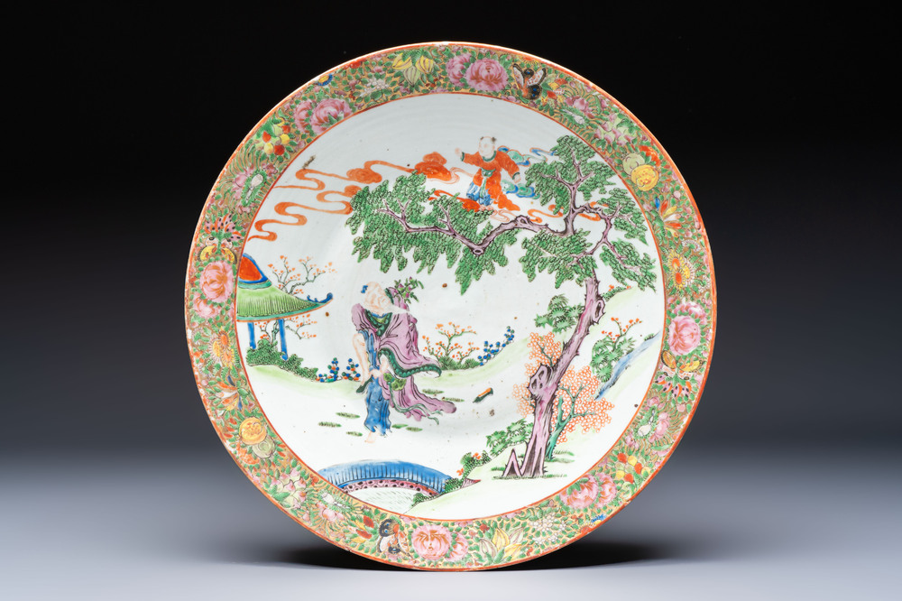 A Chinese Canton famille rose 'Dongfang Shuo Stealing Peaches 東方朔偷桃' dish, 19th C.