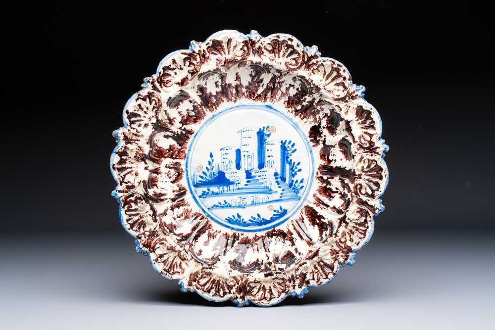 A blue, white and manganese Italian 'Factory' dish, Savona, 17/18th C.