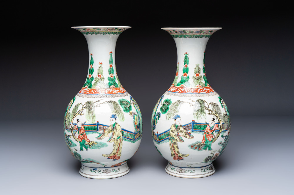A pair of Chinese famille verte vases with narrative design, 19th C.