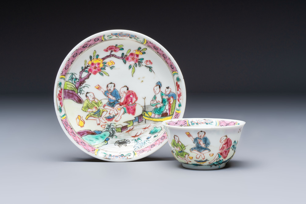 A Chinese famille rose 'Fishermen' cup and saucer, Yongzheng