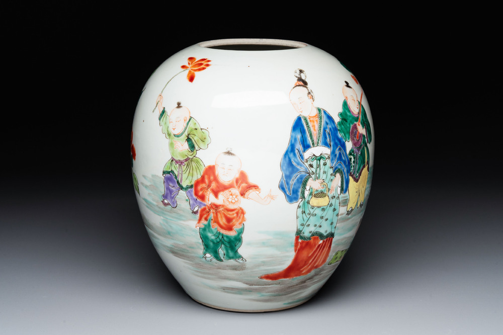 A Chinese famille rose 'Ladies and Boys' jar, Yongzheng/Qianlong