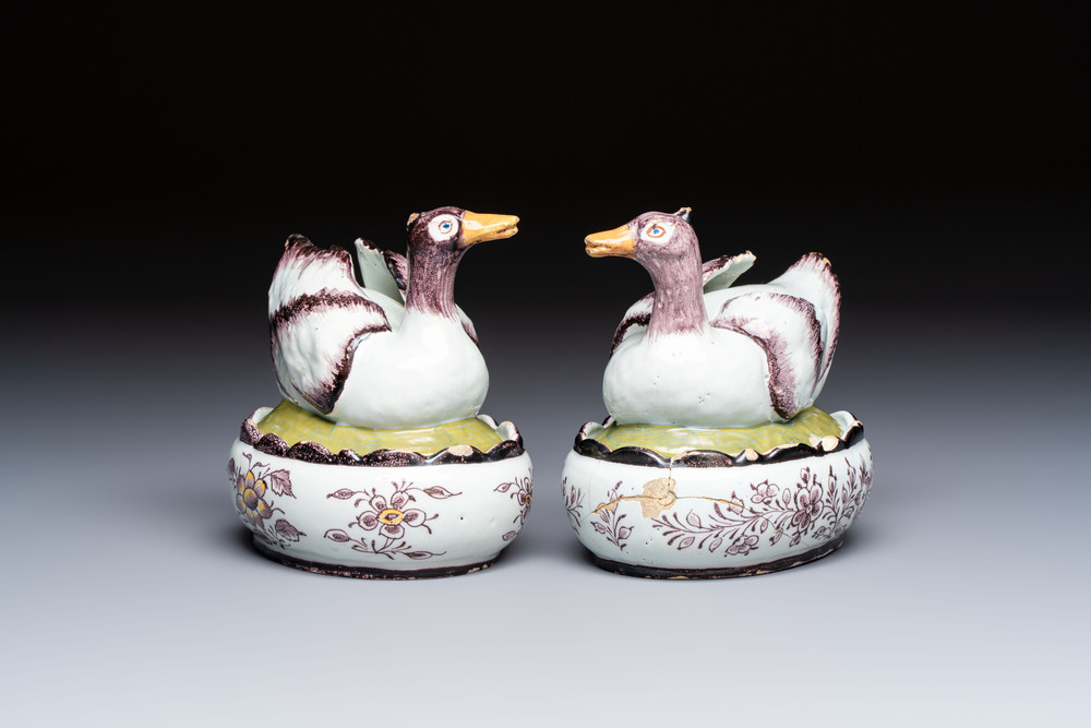 A pair of rare polychrome Dutch Delft duck-form tureens and covers, 18th C.