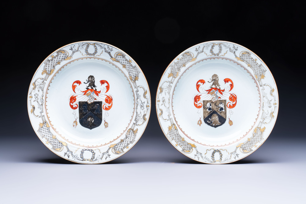 A pair of Chinese armorial soup plates with the arms of Saunders for the English market, Qianlong, ca. 1745