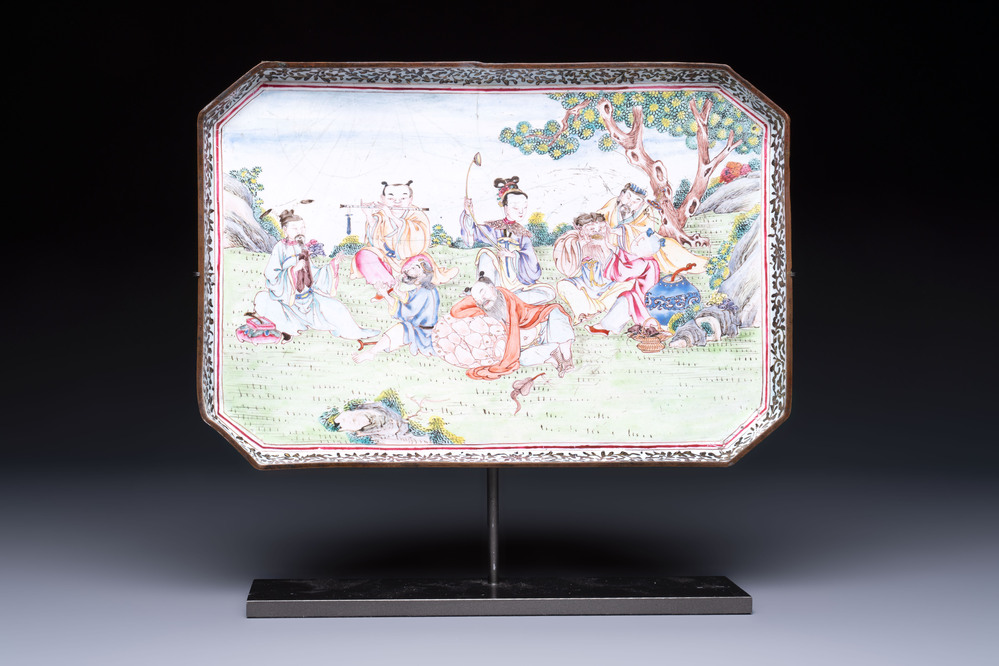 An extremely rare Chinese Canton enamel rectangular 'Eight Immortals' dish, signed Huan Ju 焕琚, Yongzheng