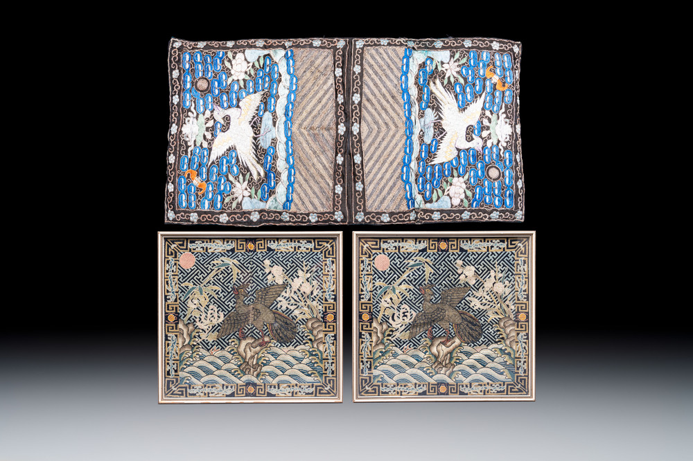 A pair of Chinese embroidered silk 'Civil Ninth-Rank' badges and a pair of kesi 'Civil Fifth-Rank' badges, Qing