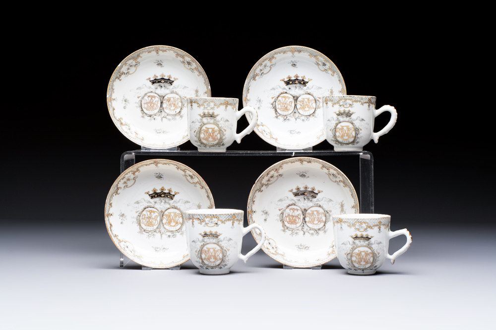 Four sets of Chinese export grisaille and gilt-decorated handled cups and saucers with crowned monograms, Qianlong