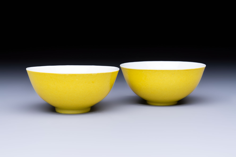 A pair of fine Chinese lemon-yellow-glazed tea bowls, Yongzheng mark, 19th C.