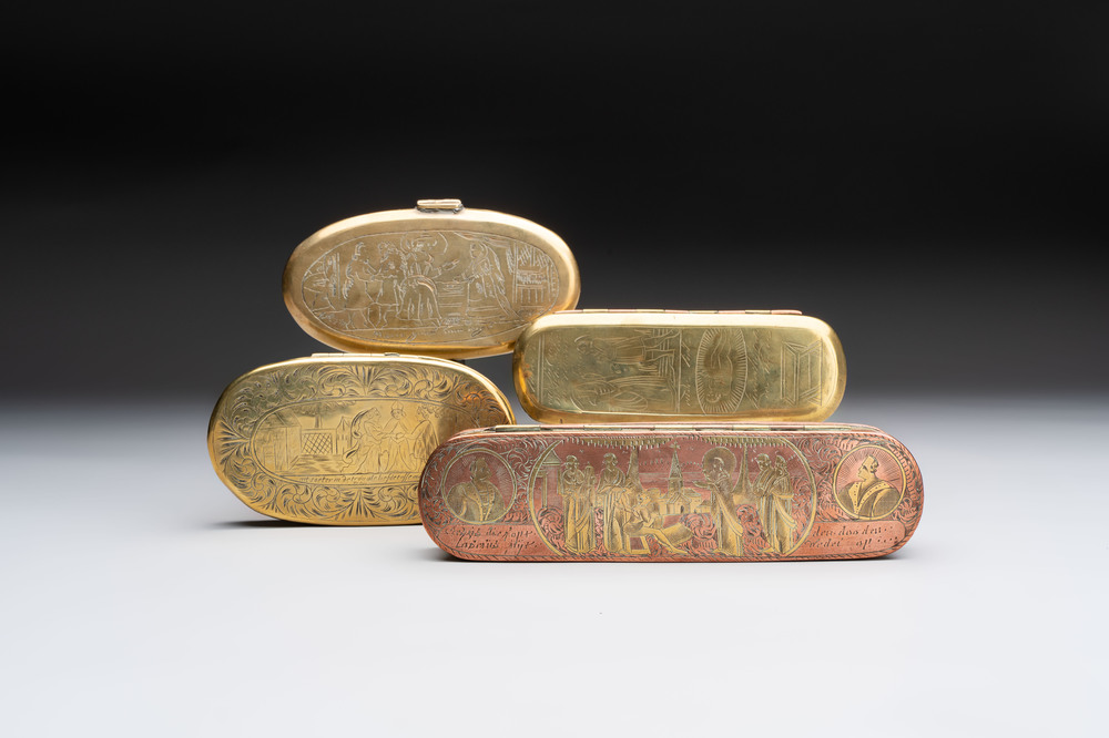 A group of four copper and brass engraved tobacco boxes, The Netherlands, 18th C.