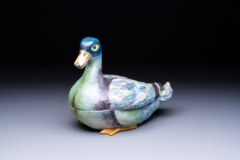 A polychrome French faience duck-form tureen and cover, possibly Bordeaux, 18th C.