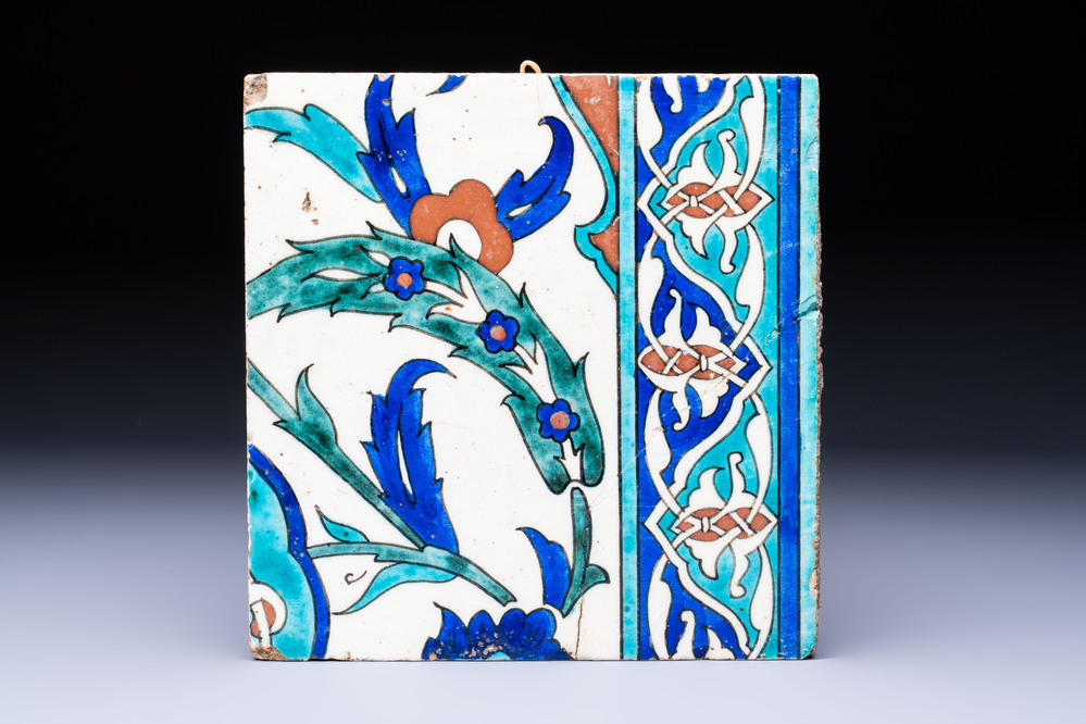 A square polychrome Iznik 'Saz Leaf' tile, Turkey, 19th C.