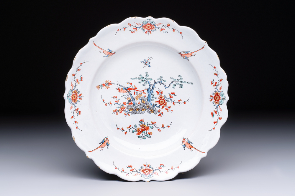 An unusual and very fine polychrome Dutch Delft Kakiemon-style lobed dish, early 18th C.