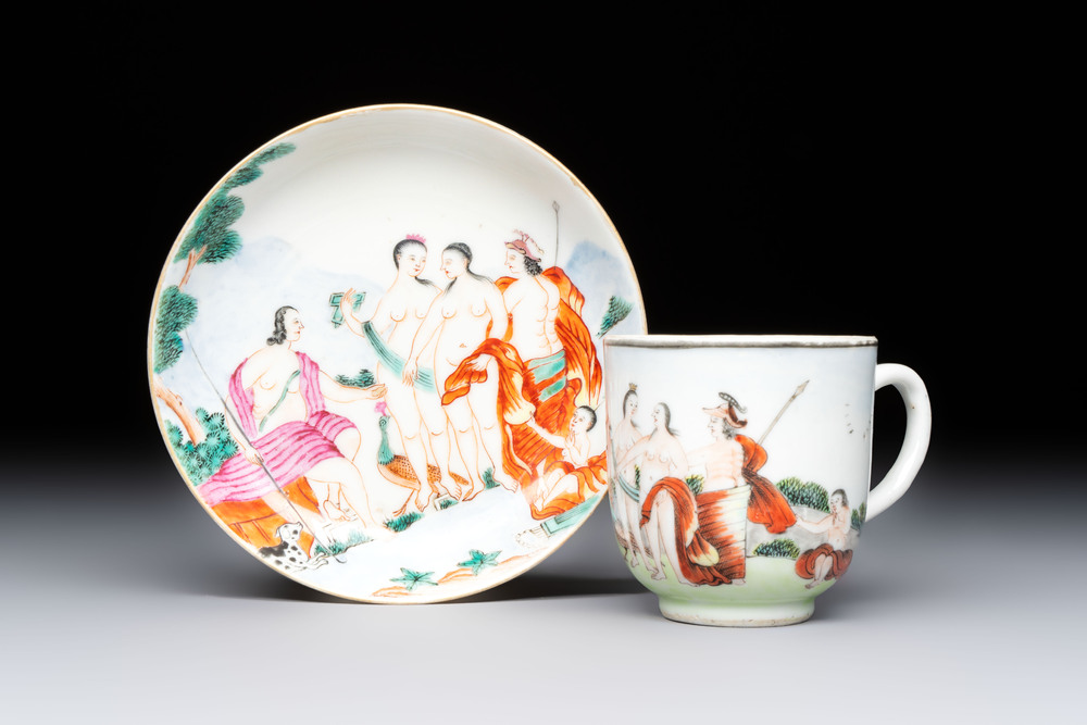 A Chinese famille rose 'Judgement of Paris' cup and saucer, Qianlong