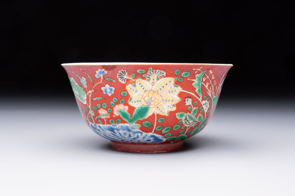 A Chinese falancai coral-red-ground bowl, Yongzheng mark, 18/19th C.