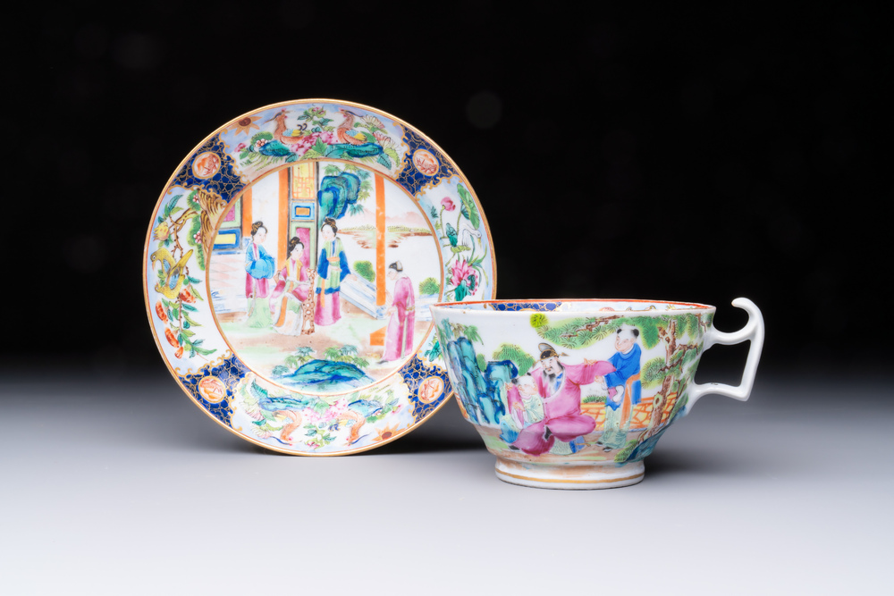 A highly unusual Chinese Canton famille rose cup and saucer, 19th C.