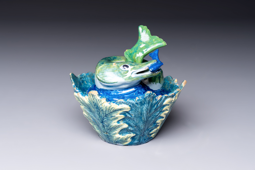 A rare polychrome Dutch Delft 'Pike' tureen and cover, 18th C.