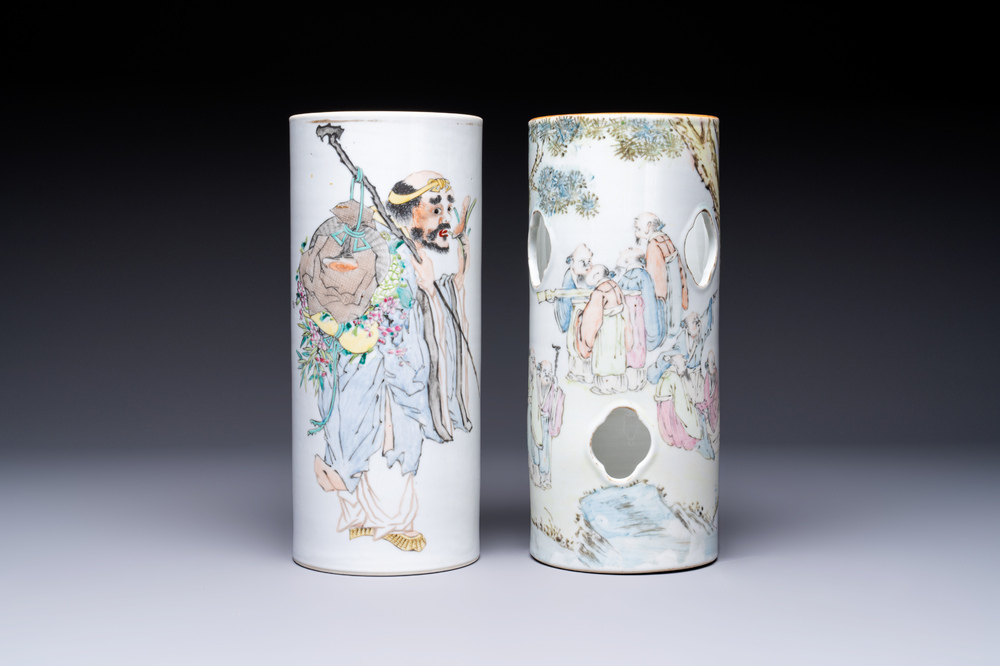 A fine Chinese qianjiang cai 'Tie Guaili' hat stand, signed Yu Huanwen 余煥文, Guanyao mark, dated 1893 and a 'Sages' hat stand, Tongzhi mark, 19th C.