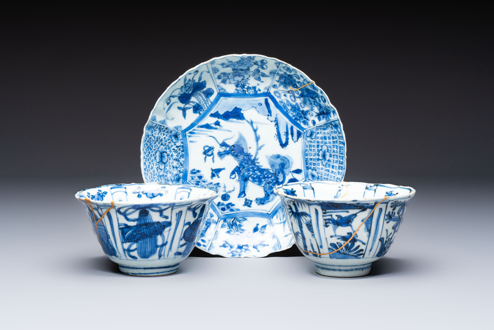 Two Chinese blue and white bowls and a 'Qilin' plate, Wanli/Transitional period