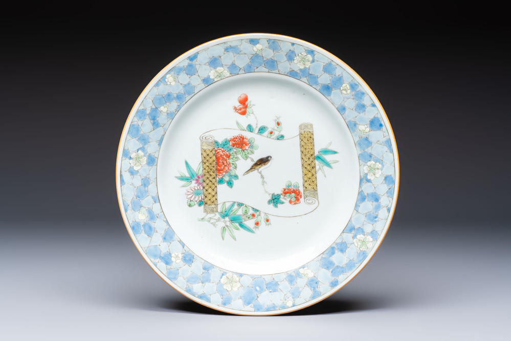 A Chinese famille rose ruby-back plate with a bird on a blossoming branch, Yongzheng