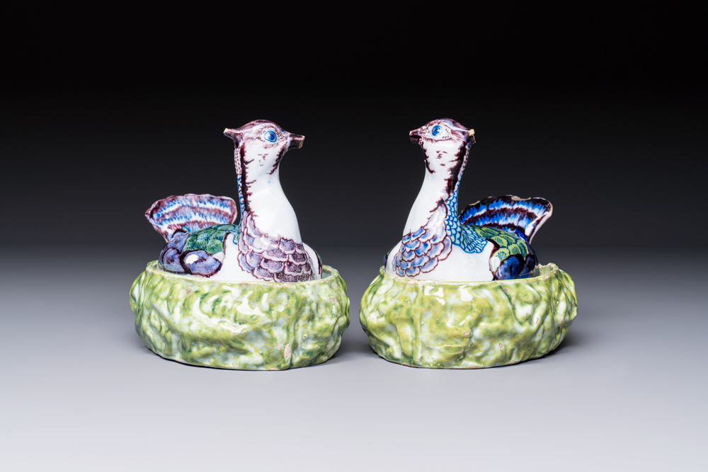 A pair of polychrome Dutch Delft 'Lapwings' tureens and covers, 18th C.