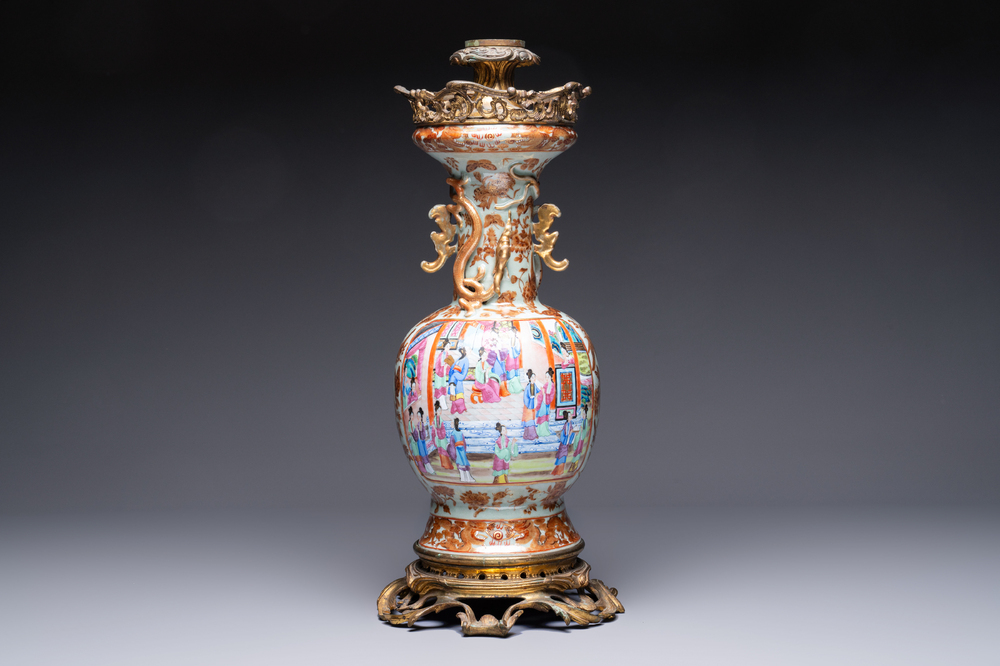 A gilt-bronze-mounted Chinese Canton famille rose celadon-ground vase, 19th C.