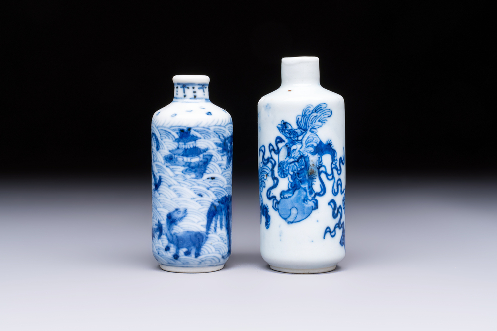 A Chinese blue and white 'Mythical Animals' snuff bottle and a 'Buddhist Lions' snuff bottle, 19th C.