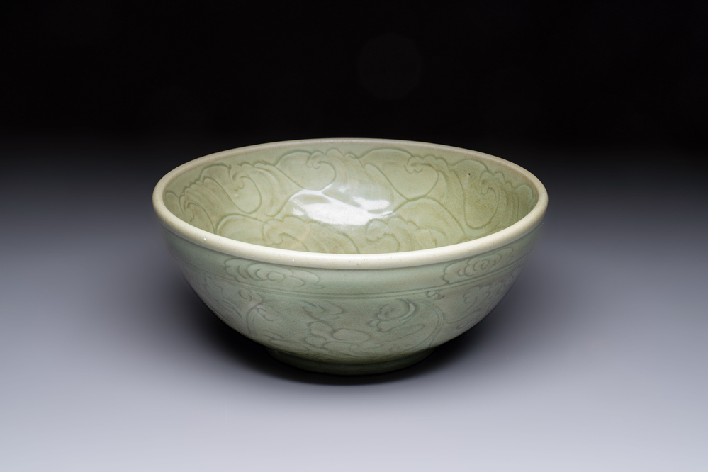 A large Chinese Longquan celadon 'Floral' bowl, Ming