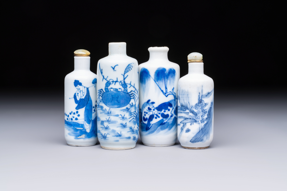 Four Chinese blue and white snuff bottles, 19th C.