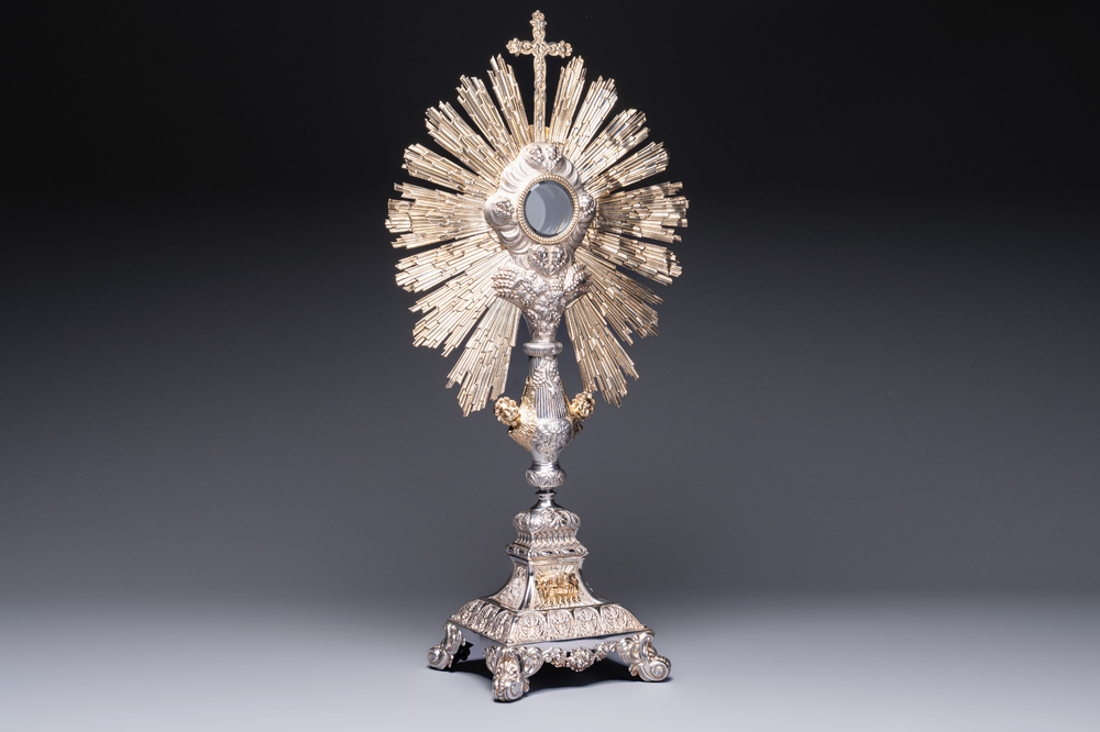 An imposing French parcel-gilt silver sunburst monstrance made for the Tourcoing church St-&Eacute;loi, Joseph Philippe Adolphe Dejean, Paris, dated 1847