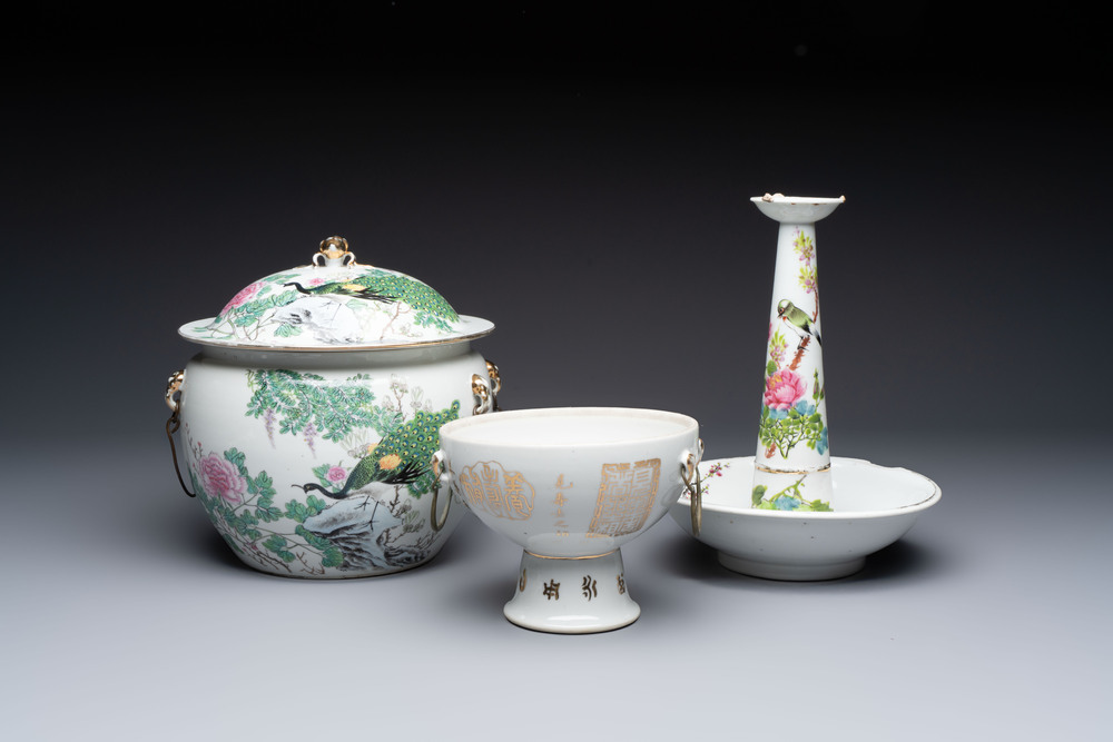 A Chinese famille rose 'Peacock' covered bowl, a candlestick and a stembowl, Guangxu mark and of the period, 19/20th C.