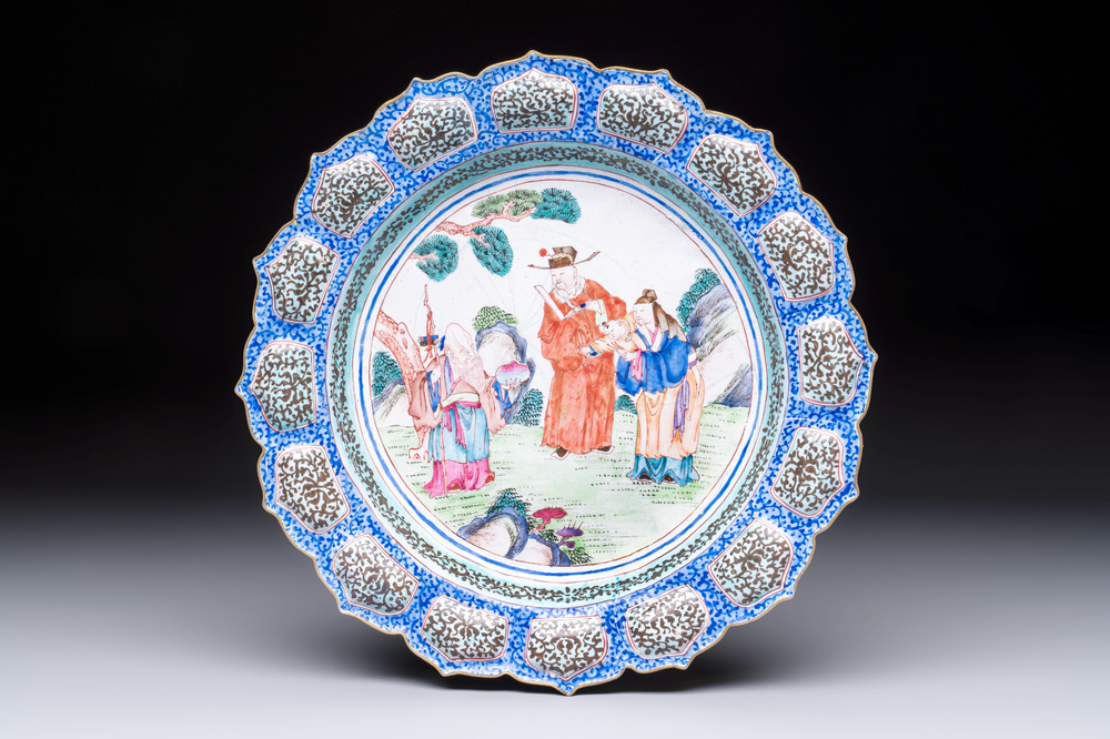 A Chinese Canton enamel flower-shaped 'Three Star Gods' plate, Qianlong
