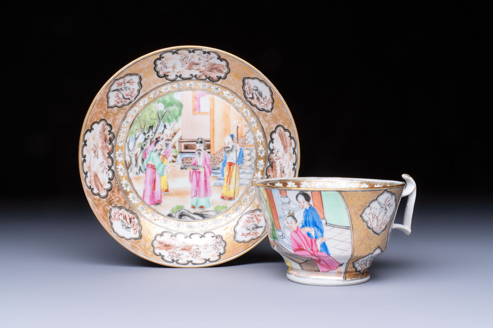 A Chinese Canton famille rose 'Rockefeller Pattern' cup and saucer, 19th C.