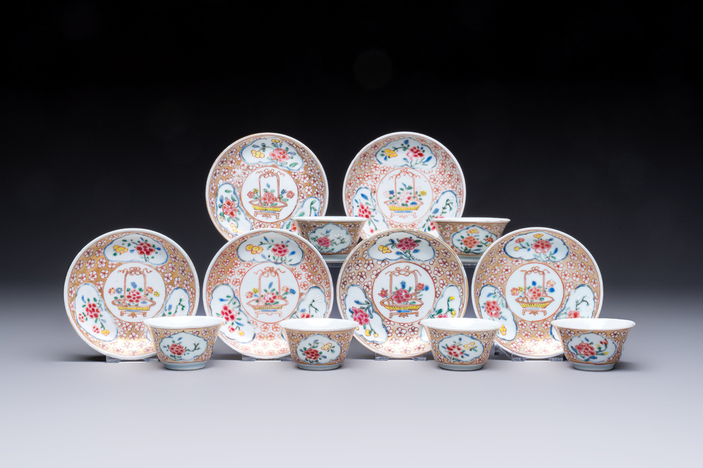 Six Chinese famille rose gilt-decorated 'Flower Basket' cups and saucers, Yongzheng/Qianlong