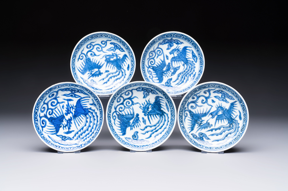 Five Chinese blue and white 'Phoenix' saucers, Wanli mark and of the period