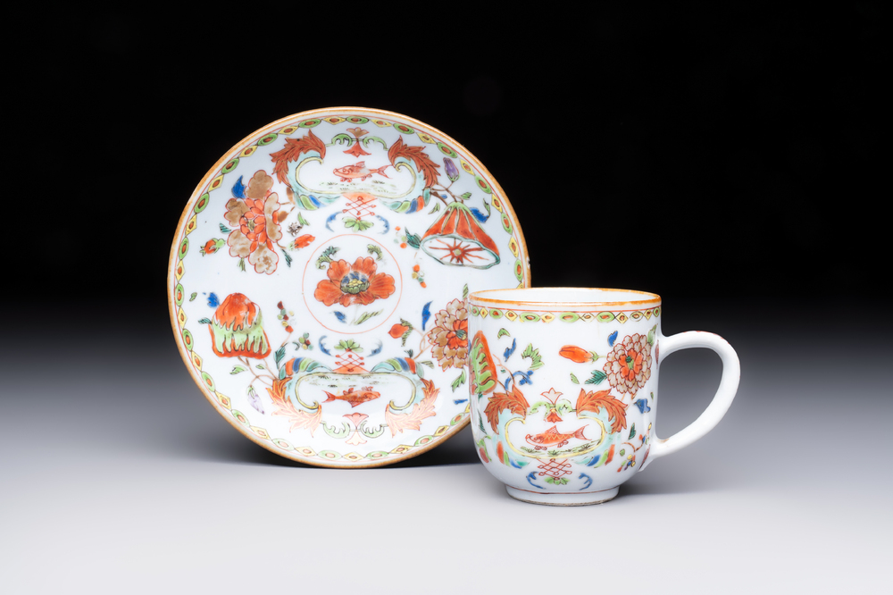 A Chinese famille rose 'Madame de Pompadour' cup and saucer, Qianlong, ca. 1745