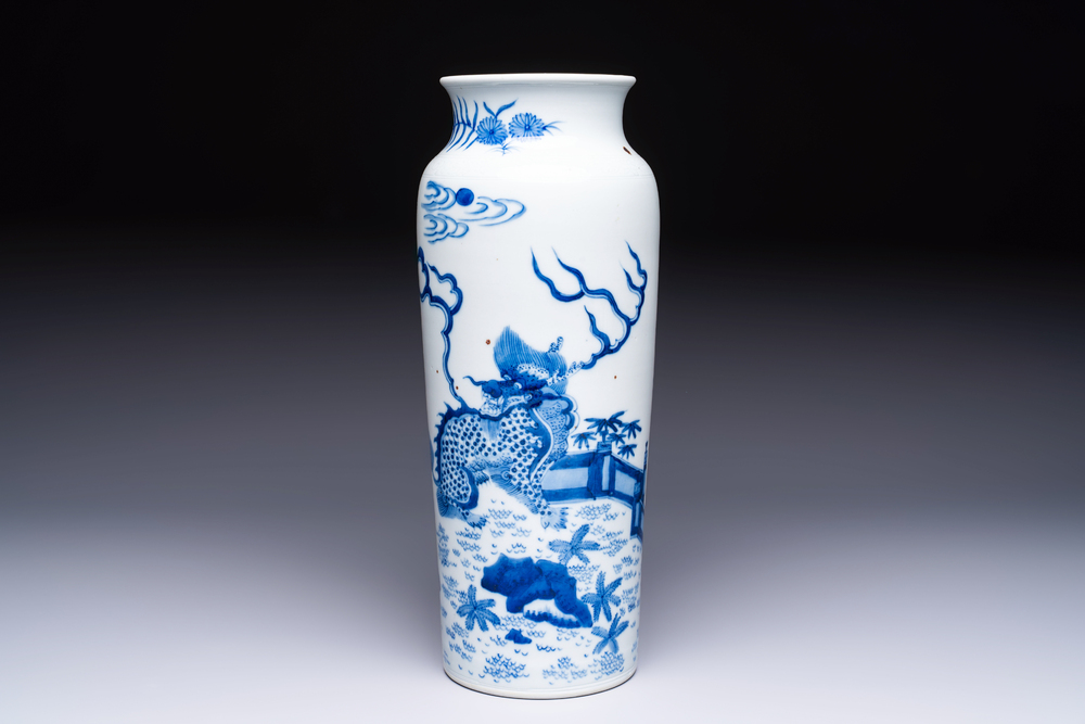 A rare Chinese blue and white 'Qilin' sleeve vase, 19th C.