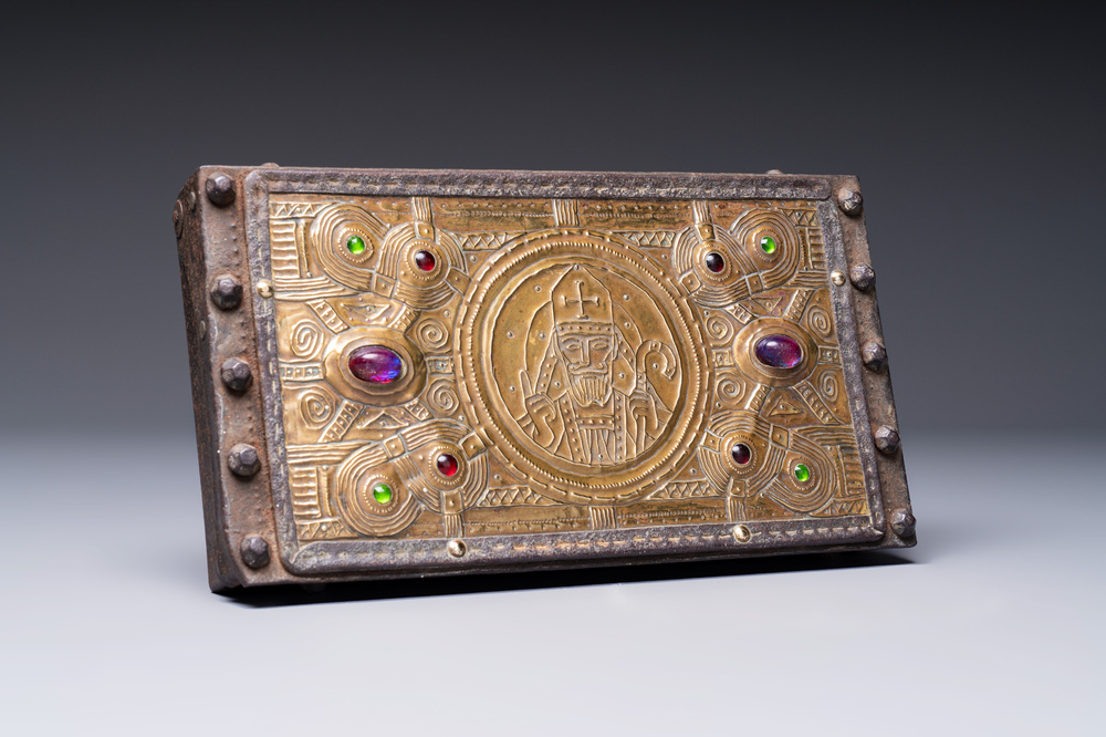 Attributed to Alfred Daguet (Paris, 1875-1942): A Gothic Revival cabochon-mounted repouss&eacute; brass and wrought iron casket, France, ca. 1900