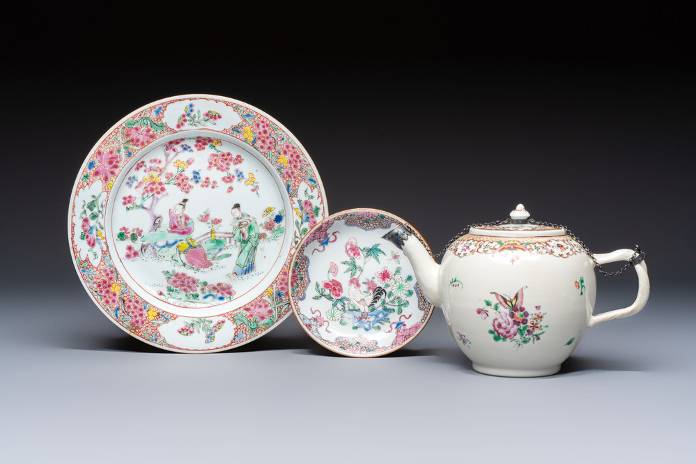 A Chinese famille rose 'Xi Xiang Ji' plate, a 'Rooster' saucer, and a 'Lowestoft' covered teapot, Yongzheng/Qianlong