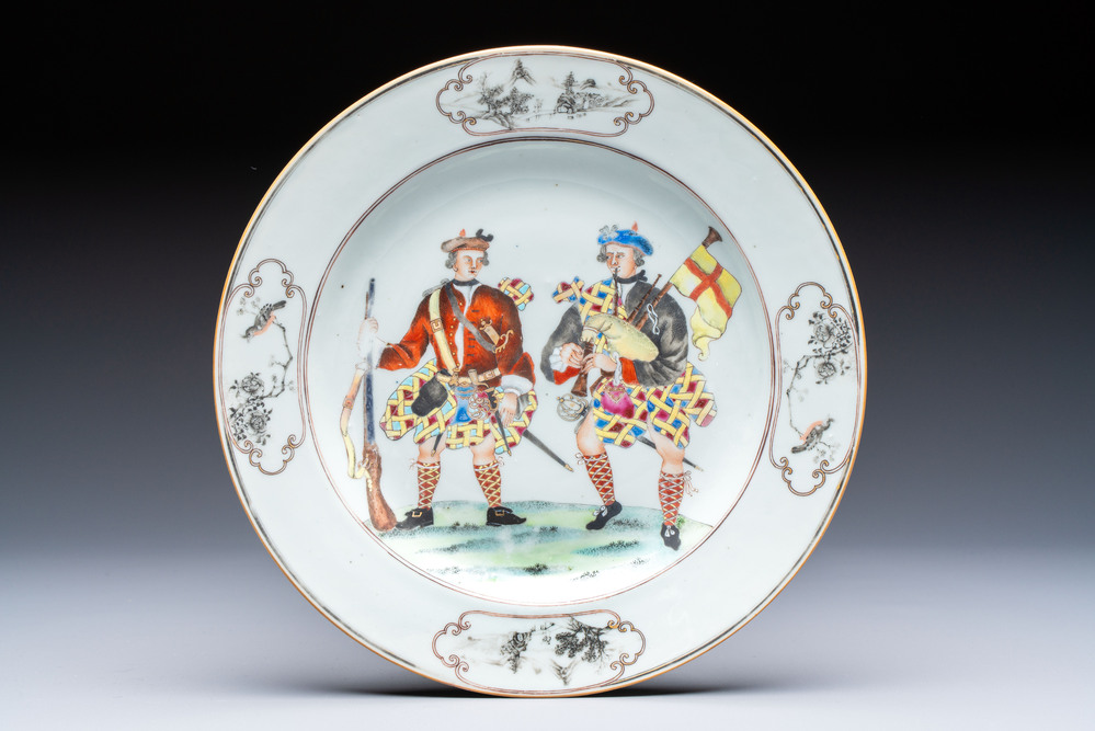 A very rare Chinese export 'Scotsmen' plate, Qianlong, ca. 1745