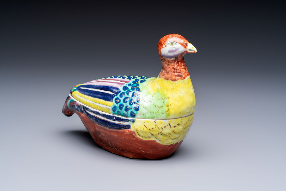 A rare Chinese famille rose hen pheasant tureen and cover, Qianlong