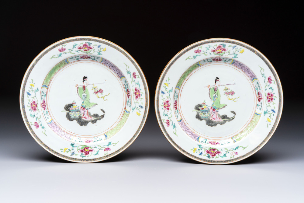 A pair of Chinese famille rose 'Magu' plates, Yongzheng/Qianlong