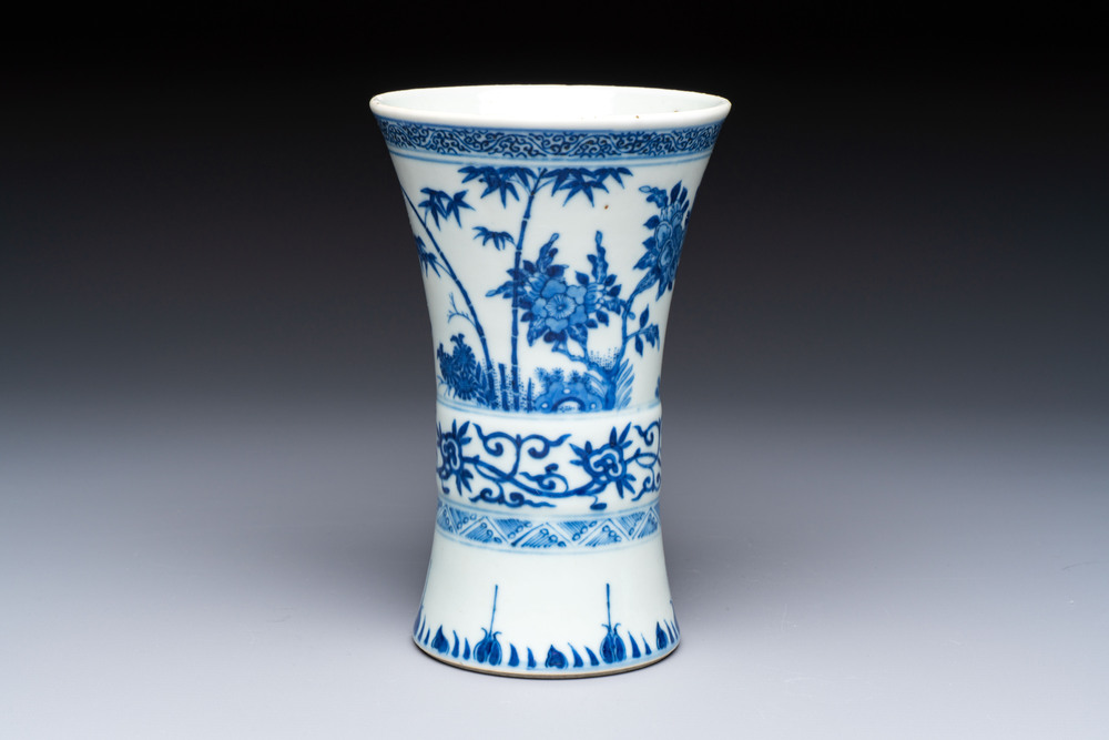 A Chinese blue and white 'Gu' vase with birds among flowering branches, Jiajing mark, 19th C.