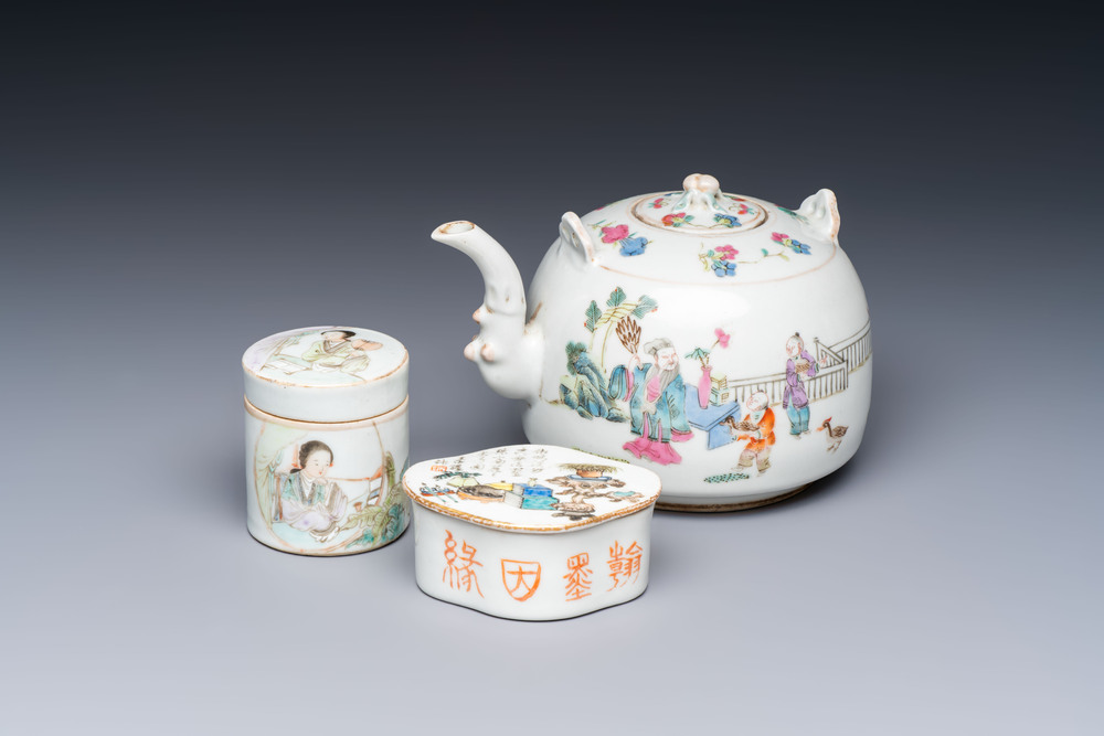 A Chinese famille rose teapot and two covered boxes, Republic