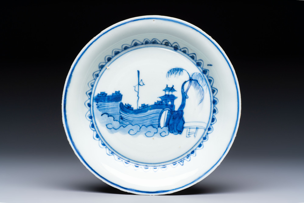 A Chinese blue and white Ko-Sometsuke 'Pavilion' plate for the Japanese market, Tianqi