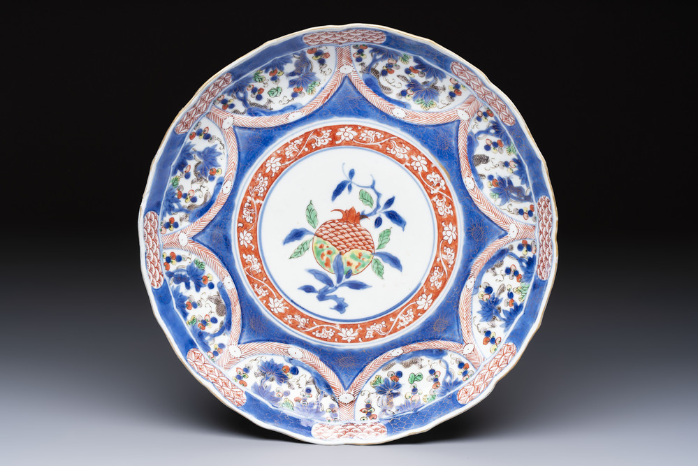 A Chinese famille verte blue-ground 'Pomegranate' dish, Kangxi