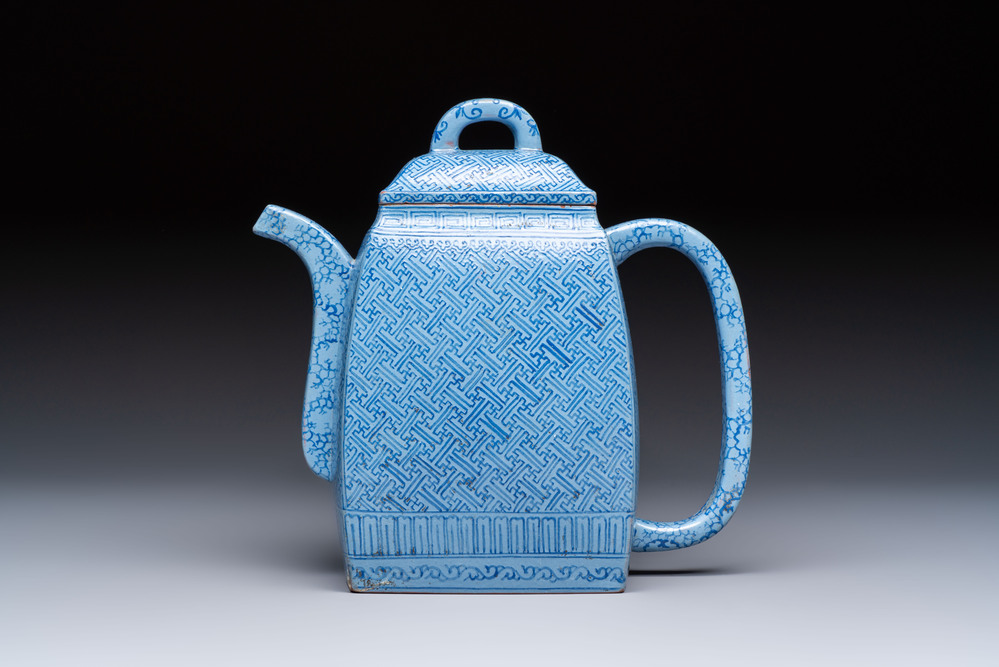A Chinese blue-enamelled Yixing stoneware teapot, Jinxi Epu 荊溪萼圃監製 mark, 18/19th C.