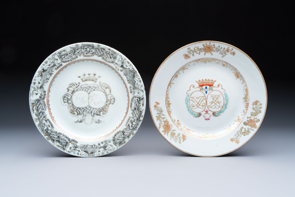 Two Chinese grisaille and famille rose gilt-decorated alliance monogram plates, Qianlong, one dated 1743
