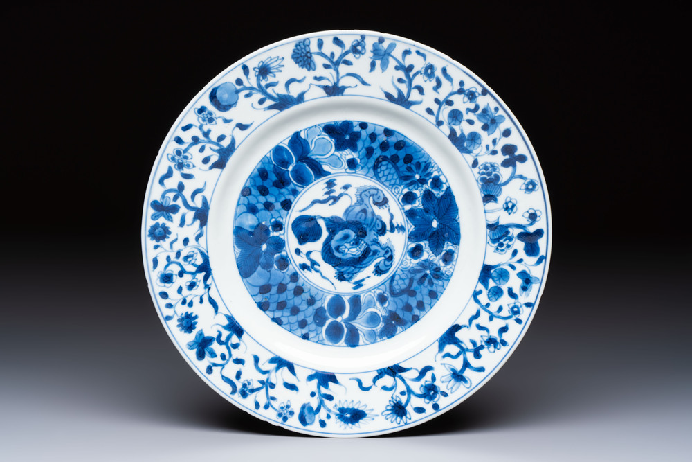 A Chinese blue and white 'Buddhist Lion' plate, Kangxi